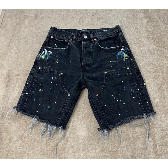 Purple Brand Denim Shorts P020 Size 30 Black Paint Splatter Distressed Raw EUC - Picture 1 of 14